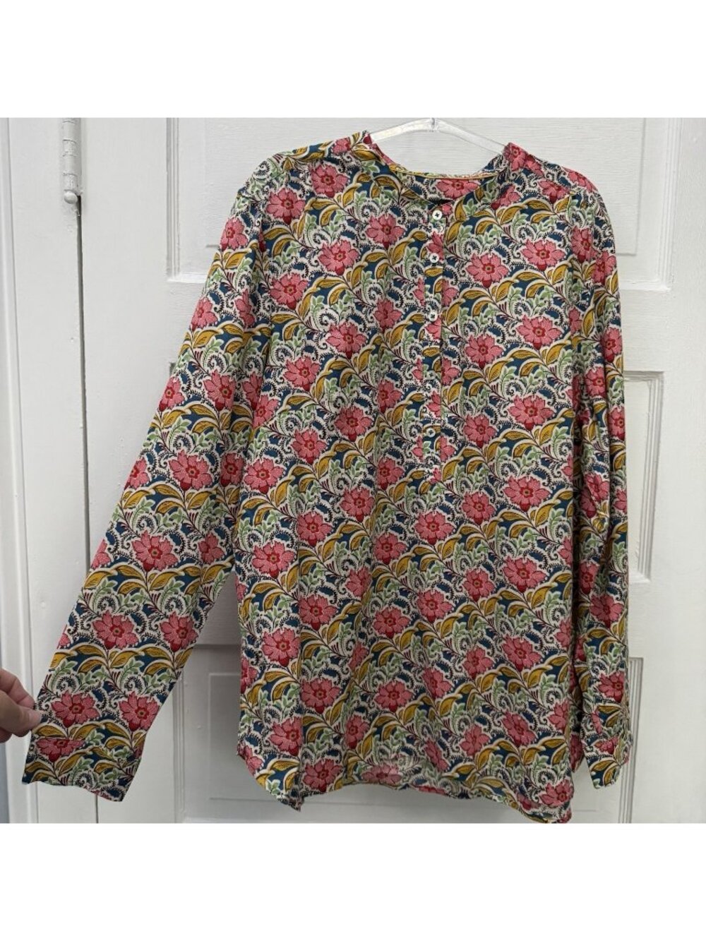 Talbots Women’s XL Cotton Floral Popover Blouse Pink Blue Long Sleeve